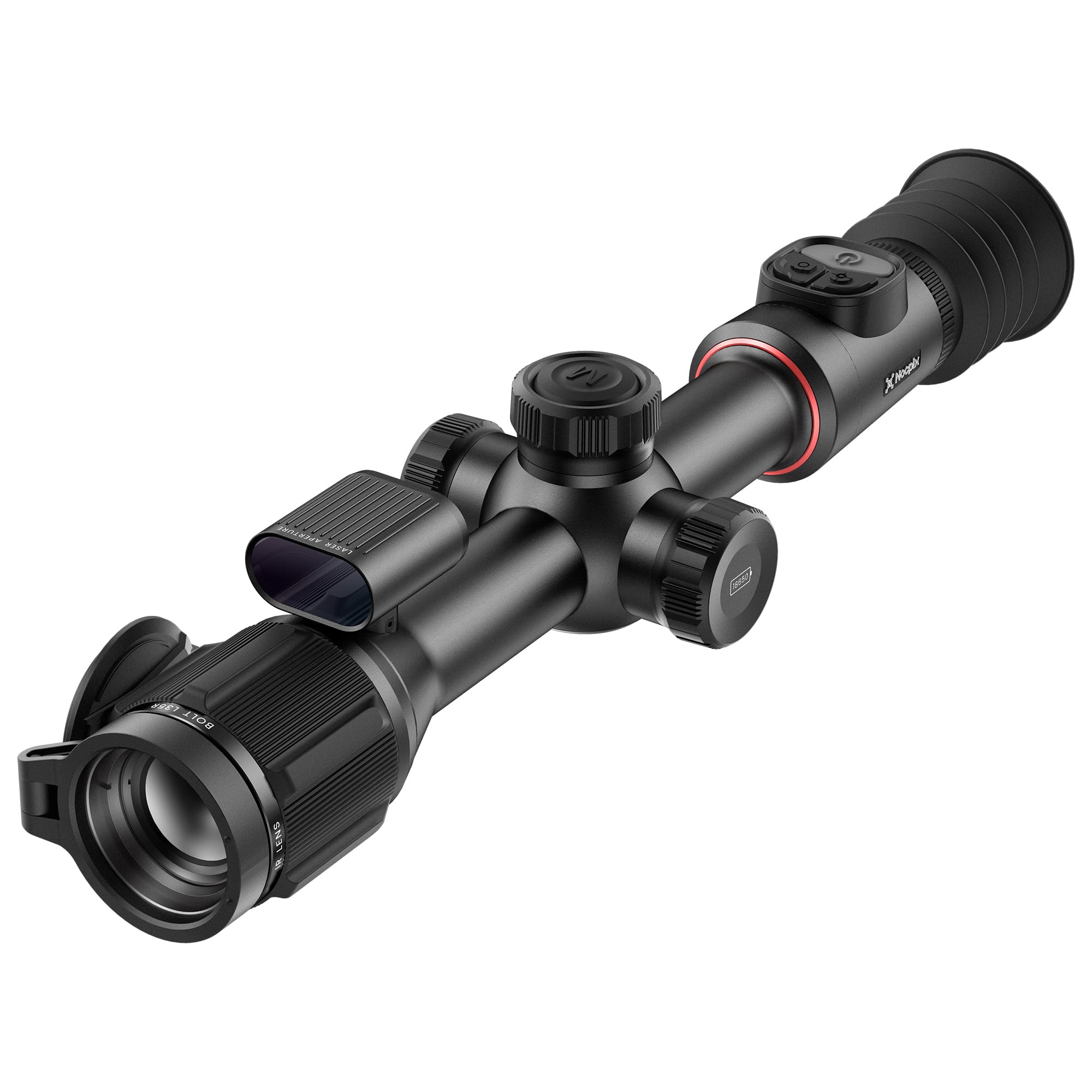 Nocpix Bolt L35R thermal riflescope with various adjustment knobs and a lens.