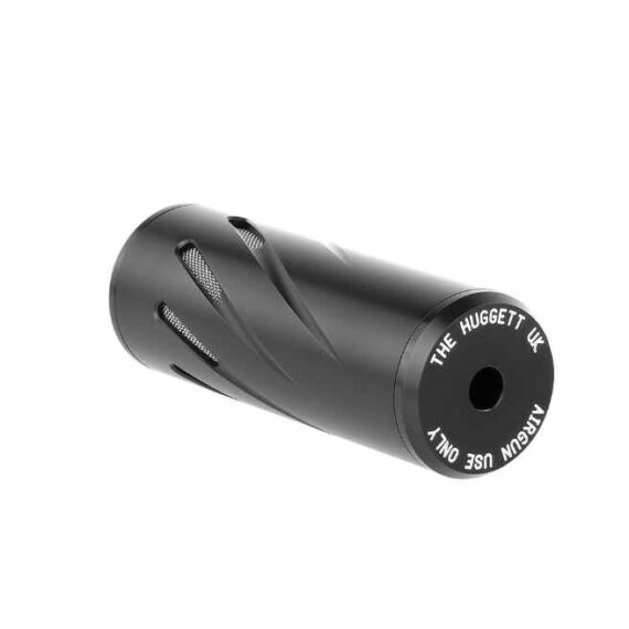 Huggett Atom air gun moderator in black with a sleek design and ventilation grooves.
